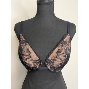 Soma Lightly Lined Plunge Bra Black Nude Floral Lace Underwire 36DD